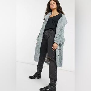 Free People Blue Tessa Teddy Longline Faux Sherpa Fur Trench Coat